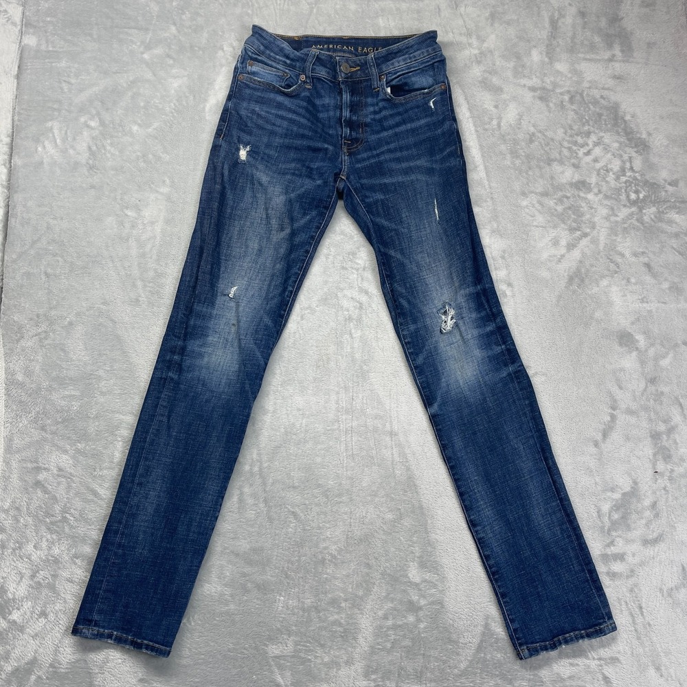 American Eagle Jeans Womens 28x34 Blue Denim Faded Distressed Grunge Skinny Leg